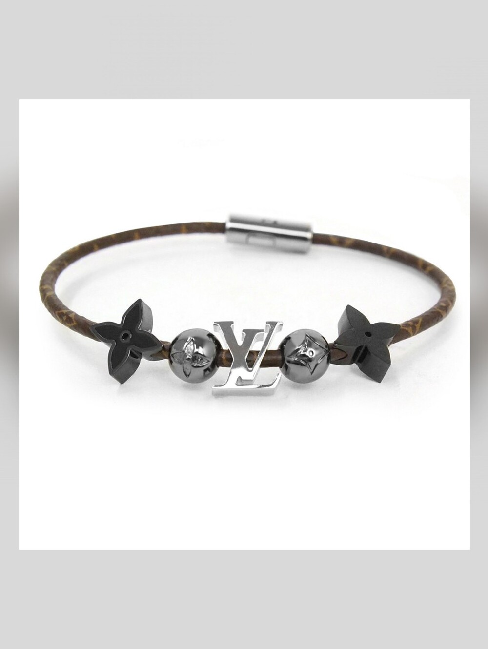 Louis Vuitton Monogram Leather Cord Bracelet with Gunmetal/Silver LV Accents!